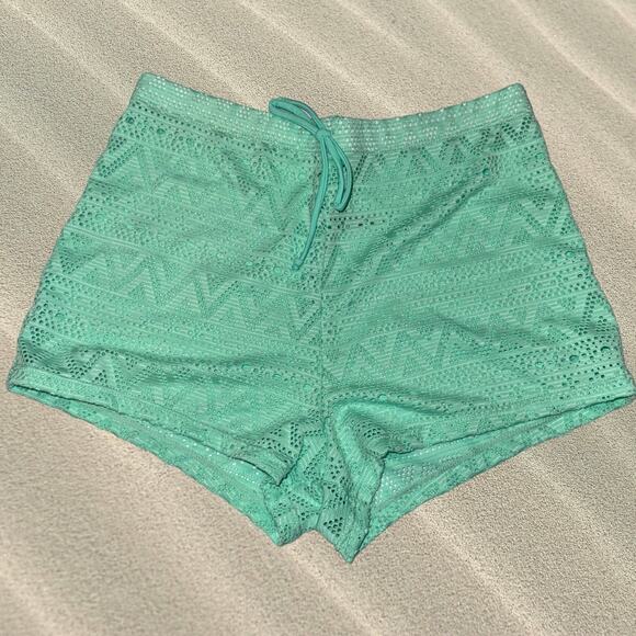 New S Mint Green Crochet Knit Beach Shorts Cover Up Swimsuit Swim Bikini Mini - Picture 2 of 3